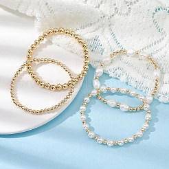 4 個 4 スタイルの天然パール & 真鍮ビーズストレッチブレスレットセット女性用  ゴールドカラー  内径：2-3/8インチ（6.05cm）  1個/スタイル&nbsp;BJEW-JB09662-01