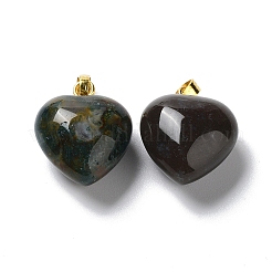 天然苔瑪瑙のペンダント  ゴールデントーン真鍮パーツ  ハートチャーム  18x15~15.5x6~8mm  穴：6x3mm&nbsp;G-I311-A08-G