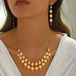 Vintage Brass Double Layer Gold Coin Tassel Necklaces & Dangle Earrings Sets for Women&nbsp;TB7513