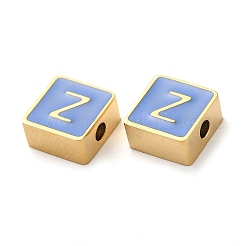 304ステンレススチールエナメルビーズ  14KGP本金メッキ  文字のある正方形  文字Z  8x8x4mm  穴：2mm&nbsp;STAS-L022-293G-Z