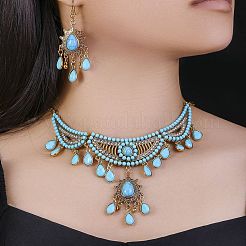 Ethnic Style Alloy Rhinestone & Synthesis Turquoise Earrings & Necklaces Sets for Women&nbsp;FS-WG42FFB-01