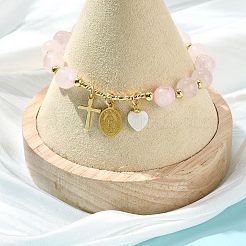 Natural Rose Quartz Round Beads Stretch Bracelets&nbsp;BJEW-JB14147-01
