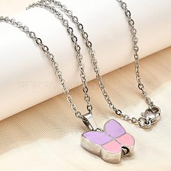 304 ステンレススチール ライラックとピンクのエナメル蝶骨壷ペンダントネックレス  ペット用骨壷灰ネックレス  ステンレス鋼色  21.42インチ（54.4cm）&nbsp;NJEW-V002-01P