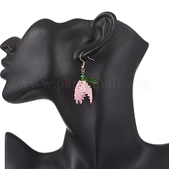 ガラスの花のダングルのイヤリング  アクリルリーフと304ステンレススチールピアスフック付き  ゴールドカラー  50x22mm&nbsp;EJEW-MZ00630