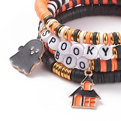 4Pcs 4 Style Polymer Clay Heishi Surfer Stretch Bracelets Set with Word Spooky Boo Acrylic Beads&nbsp;BJEW-TA00127