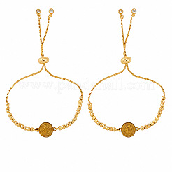 Summer Women's Adjustable 304 Stainless Steel Round Medal Box Chain Slider Bracelets with Brass Beads&nbsp;PC1192