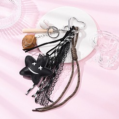 ポリエステルロープ、プラスチックビーズ、イミテーションレザーのスターペンダントデコレーション2個。  アルミ製ハートキーホルダー留め具付き  ブラック  325mm&nbsp;HJEW-JM04382-02