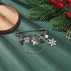 クリスマス ギフト ボックス & スノーフレーク & サンタ クロース チャーム合金安全ピン ブローチ  女性用ガラスパールビーズラペルピン  アンティークシルバー＆プラチナ  70mm&nbsp;JEWB-TA00001