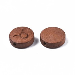 レーザー彫刻された木製ビーズ  星座12個のフラットラウンド  染め  キャメル  牡牛座  12x4mm  穴：1.6mm&nbsp;WOOD-S053-53F