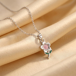 304 Stainless Steel Enamel Pink Flower Pendant Necklaces for Women&nbsp;WGD8704-01