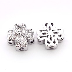 クローバー真鍮マイクロキュービックジルコニア中空ビーズを切り開きます  プラチナ  11x11x4mm  穴：1mm&nbsp;ZIRC-L047-10P