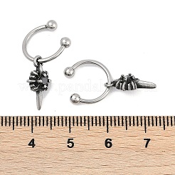 女性用フラワー 316 サージカルステンレススチール & ブラックガラス ダングル ハーフフープ イヤリング  アンティークシルバー  25.5x8mm  内径：10.18mm  ピン：1.2mm（17ゲージ）&nbsp;EJEW-G416-49AS