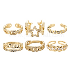 6Pcs 6 Styles Brass Micro Pave Cubic Zirconia Cuff Rings&nbsp;RJEW-LS0001-42G