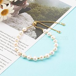 ラウンドナチュラルパールスライドブレスレット  ボロブレスレット  304ステンレススチールベネチアンチェーン付き  ゴールドカラー  ホワイト  内径：1-3/4~3-3/8インチ（4.3~8.5cm）&nbsp;BJEW-JB06260-04