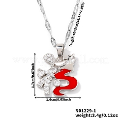Brass Pave Clear Cubic Zirconia Red Dragon Zodiac Chinese Character Fu Pendant Necklaces with Enamel&nbsp;BL6049-1