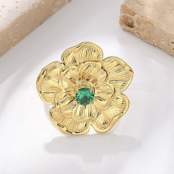 女性用304ステンレススチールカフリング  花  キュービックジルコニア付き  18KGP本金メッキ  26.5x26mm  内径：18.5mm&nbsp;RJEW-D302-03G-13