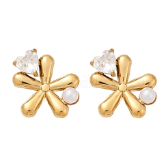 304ステンレススチールキュービックジルコニアスタッドピアス  プラスチック模造パールと  18KGP本金メッキ  花  12x11.5mm&nbsp;EJEW-Z110-03G-04
