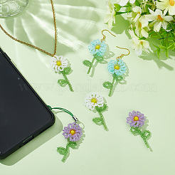 6個 3色 ハンドメイドガラス＆シードビーズペンダント  花のチャーム  ミックスカラー  45x21.5x5mm  2個/カラー&nbsp;GLAA-FG0001-18