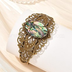 Oval Natural Paua Shell Brass Hollow Floral Cuff Bangles for Women&nbsp;BJEW-JB14503-01