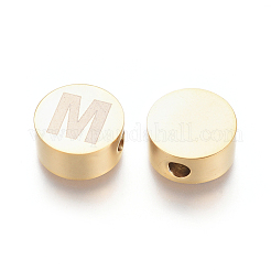 304ステンレススチールビーズ  アルファベット付きフラットラウンド  文字.m  10x4.5mm  穴：2mm&nbsp;X-STAS-I126-02G-M