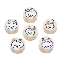 手作り樹脂粘土ビーズ  犬の模様とフラットラウンド  湯通しアーモンド  9x5mm  穴：1.5mm&nbsp;X-CLAY-C001-03B