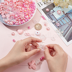 DIYジュエリー作りパーツキット  レジン＆イミテーションパール アクリルビーズ＆カボション入り  花と星とハートと丸と蝶結びと長方形  パールピンク  6~23x5.5~29x4~16mm  穴：1.5~4mm&nbsp;DIY-NB0008-06