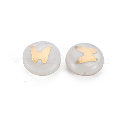 天然淡水シェルビーズ  金メッキ真鍮金属装飾付き  蝶とフラットラウンド  貝殻色  8x3.5mm  穴：0.7mm&nbsp;SHEL-S278-064