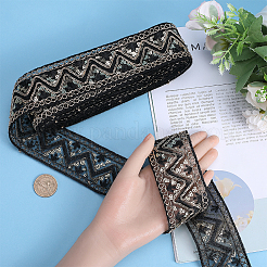 スパークルポリエステル刺繍リボン  スパンコール/グリッタースパンコール付き  洋服アクセサリー  ブラック  2インチ（50mm）  約10ヤード/バンドル&nbsp;OCOR-WH0070-76A