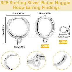 真鍮製ハギーフープピアス金具20個  304ステンレススチール製丸カン20個付き  925銀メッキ  14~16x12~13mm  穴：1.2~2mm  ピン：0.8mm&nbsp;KK-BBC0025-14