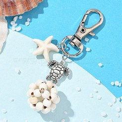 ヒトデと丸い合成ターコイズのペンダント装飾  タートルチベットスタイルの合金ビーズと回転式ロブスタークロウ留め金付き  ミックスカラー  68mm  2個/セット&nbsp;HJEW-JM03276