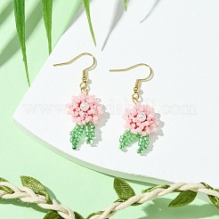 ガラスダングルピアス  シェルパールビーズと304ステンレススチールのピアスフック付き  花  ピンク  45~46x16mm&nbsp;EJEW-MZ00316-01