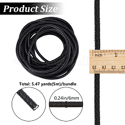 芯付き編み革紐 5m  革のアクセサリーコード  ジュエリーDIY製版材料  染め  ラウンド  ブラック  6mm  約5.47ヤード（5m）/セット&nbsp;WL-BBC0001-01C-02