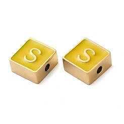 304ステンレススチールエナメルビーズ  14KGP本金メッキ  文字のある正方形  文字S  8x8x4mm  穴：2mm&nbsp;STAS-L022-293G-S