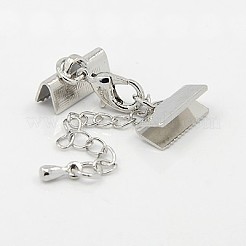 カニカンとチェーン付き真鍮リボンエンド  プラチナ  27mm  リボンエンド：7x13mm。&nbsp;KK-K004C-P