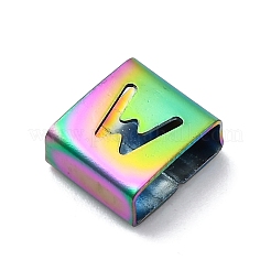イオンプレーティング（IP）304ステンレススチールスクエアスライドチャーム  虹色  文字W  9x8x4mm  穴：3.5x8.5mm&nbsp;STAS-L132-05W-M