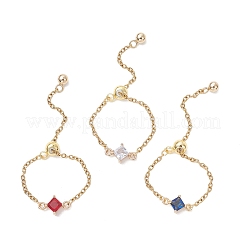 3Pcs Adjustable Brass Pave Glass Rhombus Links & 304 Stainless Steel Cable Chains Silder Finger Rings&nbsp;RJEW-JR00975