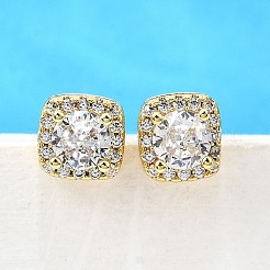 Square Brass Micro Pave Clear Cubic Zirconia Stud Earrings&nbsp;EJEW-G433-04G