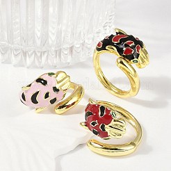 Brass Micro Pave Cubic Zirconia Enamel Cuff Rings for Women&nbsp;RJEW-L113-041G