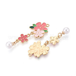 合金エナメルとABS模造真珠ペンダント  ラックめっき  花  ライトコーラル  42~43x15.5x1.3mm  穴：1.4mm&nbsp;ENAM-T022-49KCG