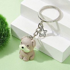 樹脂犬ペンダントキーホルダー  鉄のリングと合金のスターチャーム付き  ダークカーキ  8.3cm  犬：29x22x22mm&nbsp;KEYC-JKC00564-04