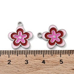304ステンレススチールエナメルペンダント  花のチャーム  ステンレス鋼色  ショッキングピンク  17x15x1.5mm  穴：1.8mm&nbsp;STAS-P339-16P-01