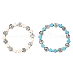 2Pcs 2 Colors Dyed Synthetic Turquoise & Alloy Flat Round Beads Stretch Bracelets for Men Women&nbsp;BJEW-JB12282