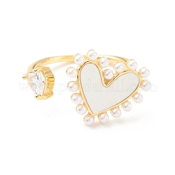 Clear Cubic Zirconia Heart Open Cuff Ring with Shell&nbsp;RJEW-P204-02G