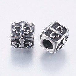 304ステンレススチールビーズ  フルール・ド・リスの立方体  アンティークシルバー  7.5x7x7.5mm  穴：3.5mm&nbsp;STAS-F195-019AS