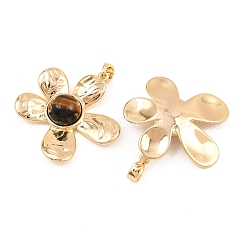 天然石タイガーアイペンダント  真鍮製の花のチャーム  18KGP本金メッキ  24x25.5x6.5mm  穴：4x2.5mm&nbsp;KK-H538-14G