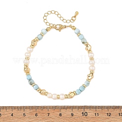 Natural Larimar Faceted Cube and Pearl Beaded Bracelets with Brass Beads for Women&nbsp;BJEW-JB14475-01