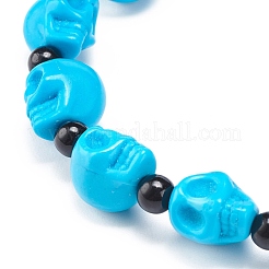 Natural Mashan Jade Skull & Synthetic Turquoise(Dyed) Beaded Stretch Bracelet&nbsp;BJEW-JB08377-04