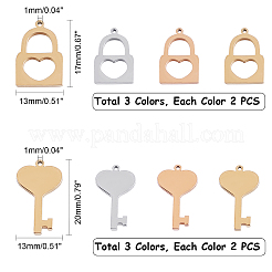 304ステンレススチールチャーム  レーザー切断  艶出し  キーとロック  ミックスカラー  17~20x13mm  穴：1mm  12個/箱&nbsp;STAS-UN0012-03M