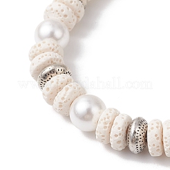 Flat Round Natural Lava Rock & Shell Pearl Beaded Stretch Bracelets for Women&nbsp;BJEW-JB12140-02