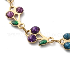 304ステンレススチールグリッターチェリーリンクブレスレット女性用  ゴールドカラー  カラフル  6-3/8インチ（16.2cm）&nbsp;BJEW-C076-02B-01